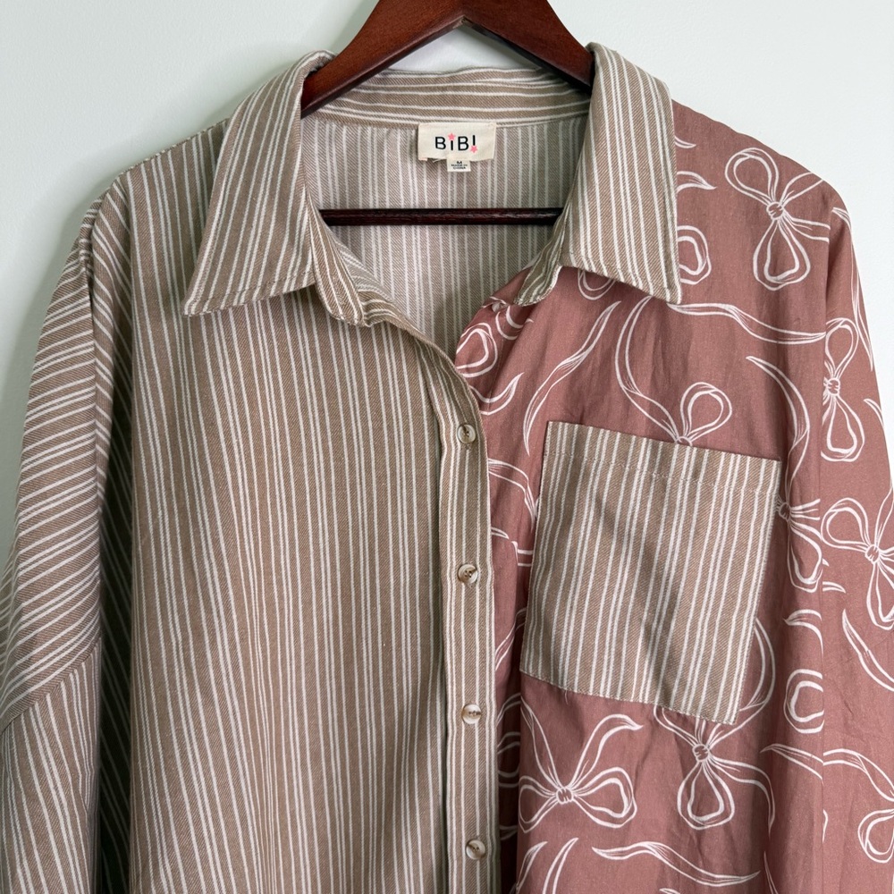 BiBi Cotton Blend Bows Stripes Oversized Button Down Size Medium - Picture 3 of 8